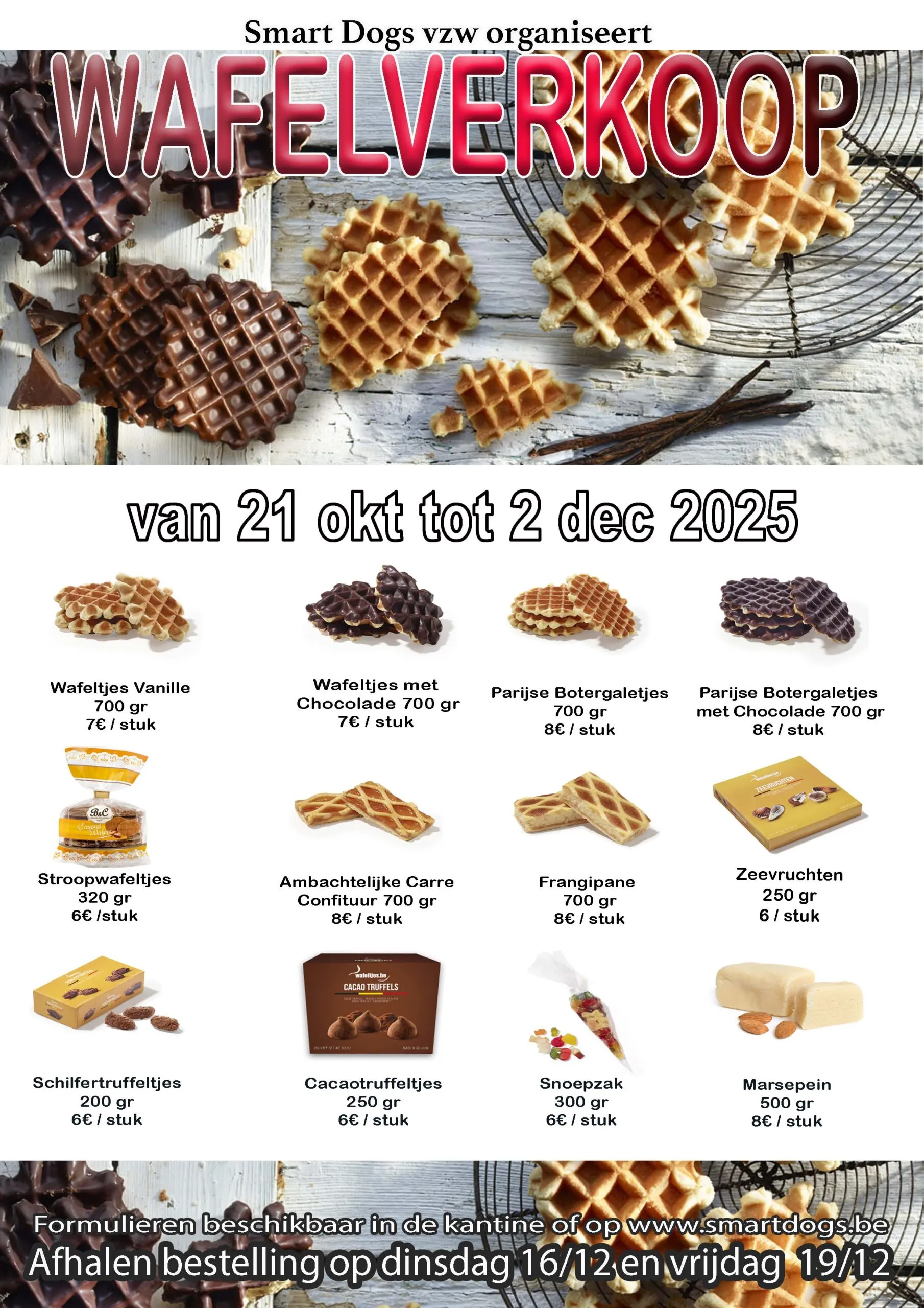 Affiche van de wafelverkoop met het volledige aanbod en de prijzen